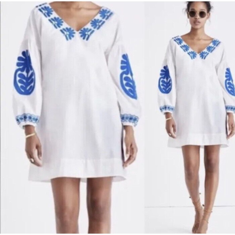 Madewell Embroidered Dress Blanca Shift White Blue Floral boho resort small